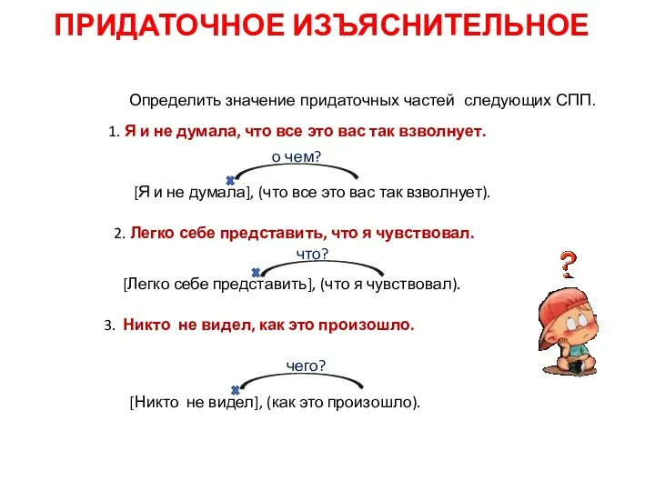 ПРИДАТОЧНОЕ ИЗЪЯСНИТЕЛЬНОЕ Определить значение придаточных частей следующих СПП. 1. Я