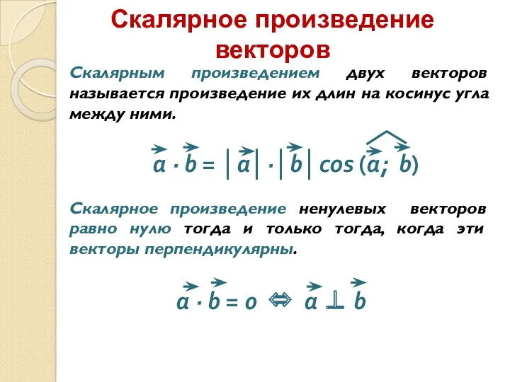 Скалярное произведение векторов Скалярным произведением двух векторов называется произведение их