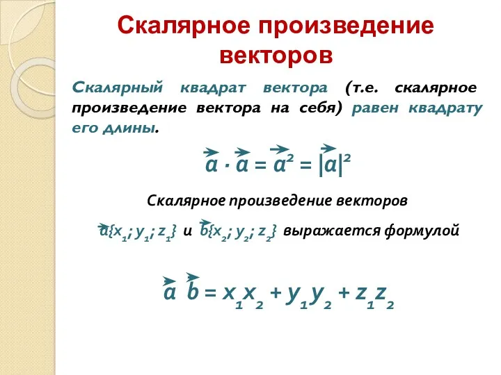 Скалярное произведение векторов Скалярный квадрат вектора (т.е. скалярное произведение вектора на себя) равен квадрату его длины.