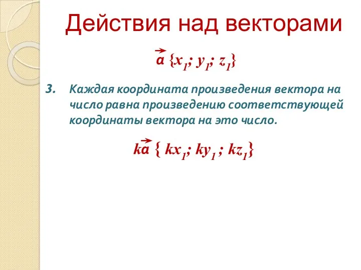 Действия над векторами Каждая координата произведения вектора на число равна