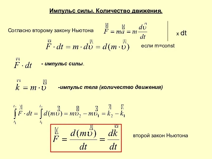 Импульс силы. Количество движения. Согласно второму закону Ньютона х dt