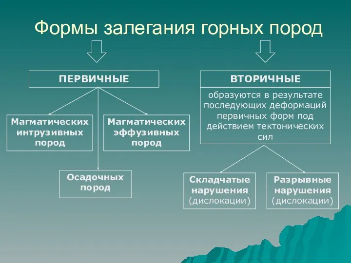 Формы залегания горных пород ПЕРВИЧНЫЕ ВТОРИЧНЫЕ образуются в результате последующих