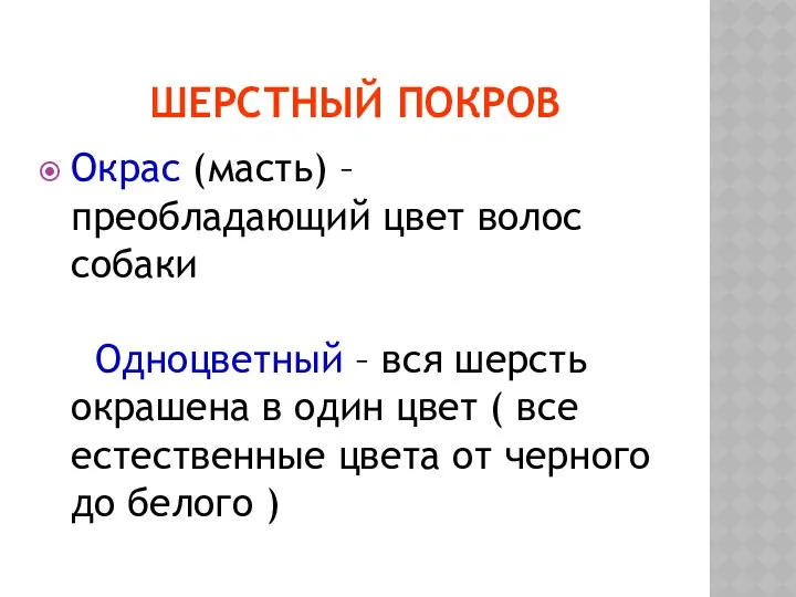 ШЕРСТНЫЙ ПОКРОВ Окрас (масть) – преобладающий цвет волос собаки Одноцветный