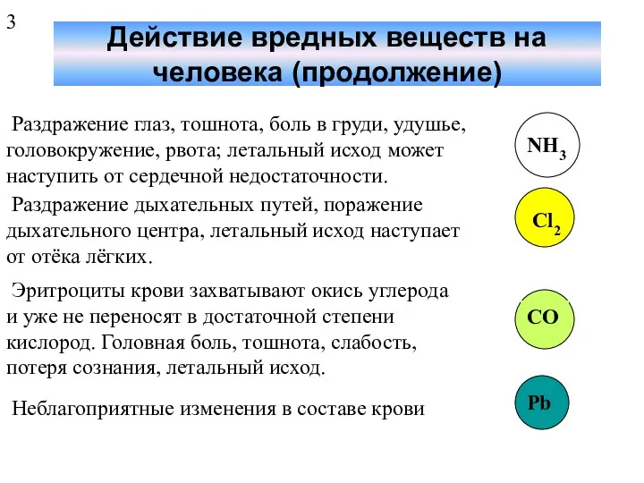 Действие вредных веществ на человека (продолжение) Раздражение глаз, тошнота, боль