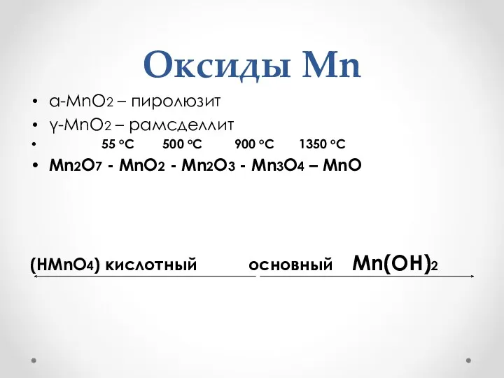 Оксиды Mn α-MnO2 – пиролюзит γ-MnO2 – рамсделлит 55 oC