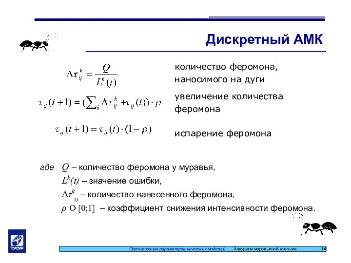 Дискретный АМК Оптимизация параметров нечетких моделей Алгоритм муравьиной колонии 14