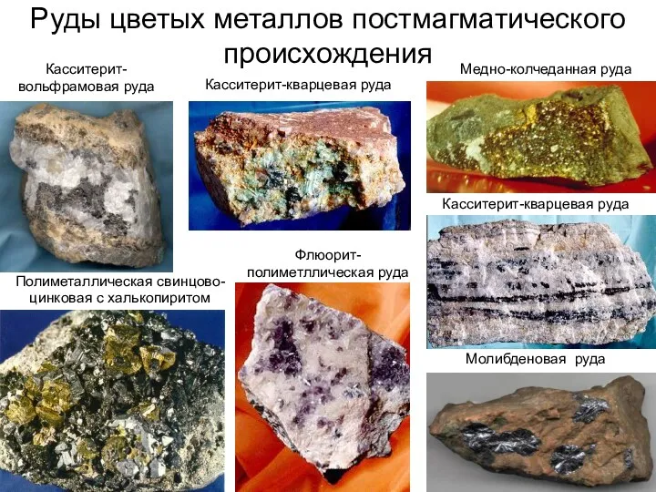 Руды цветых металлов постмагматического происхождения Флюорит- полиметллическая руда Касситерит-кварцевая руда