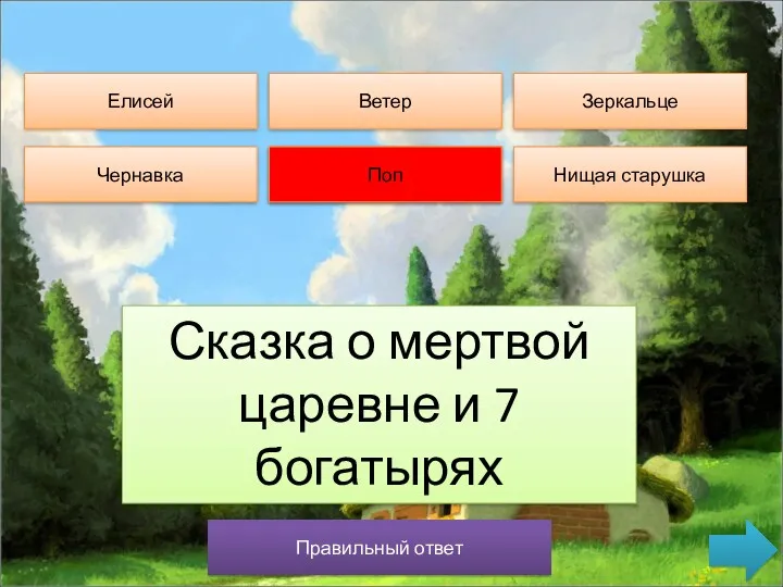 Правильный ответ Елисей Ветер Зеркальце Чернавка Поп Нищая старушка Сказка о мертвой царевне