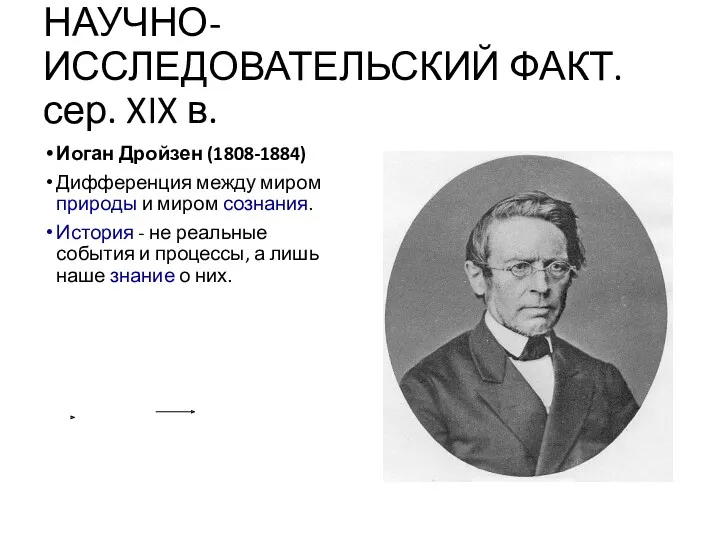 НАУЧНО-ИССЛЕДОВАТЕЛЬСКИЙ ФАКТ. сер. XIX в. Иоган Дройзен (1808-1884) Дифференция между