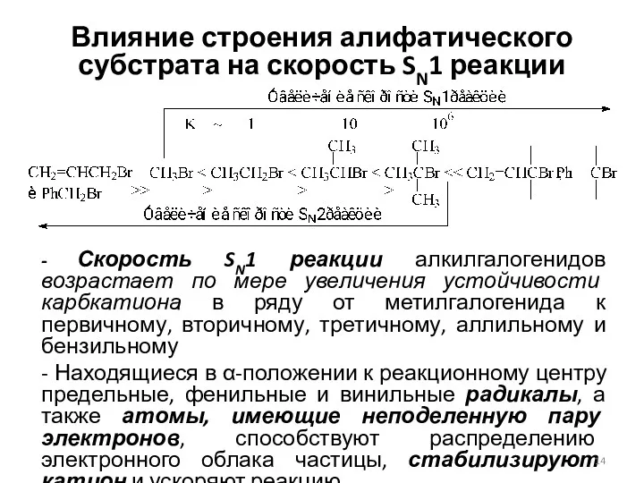 Влияние строения алифатического субстрата на скорость SN1 реакции - Скорость