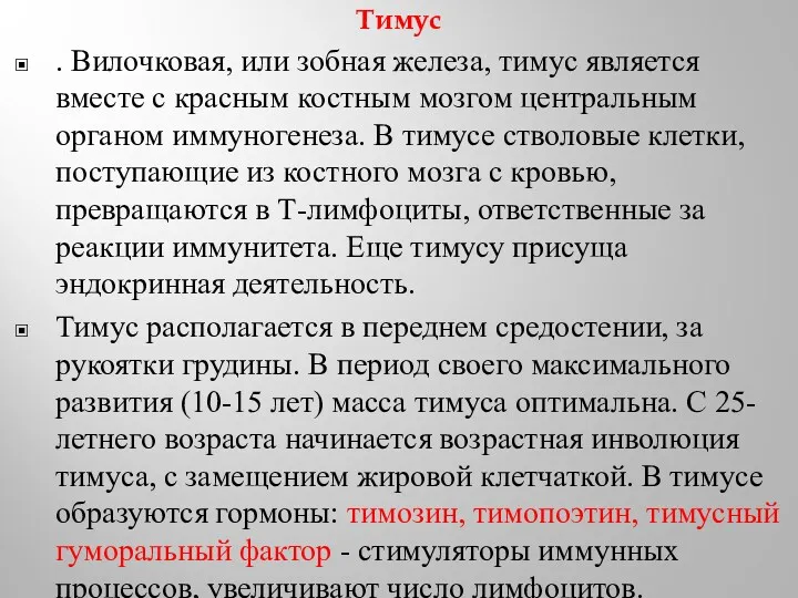 Тимус . Вилочковая, или зобная железа, тимус является вместе с