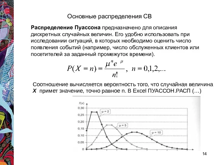 Основные распределения СВ Распределение Пуассона предназначено для описания дискретных случайных