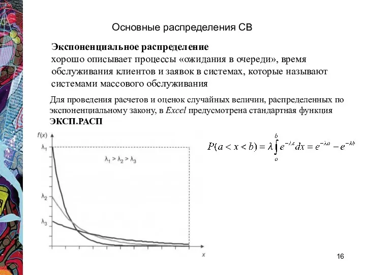 Основные распределения СВ Экспоненциальное распределение хорошо описывает процессы «ожидания в