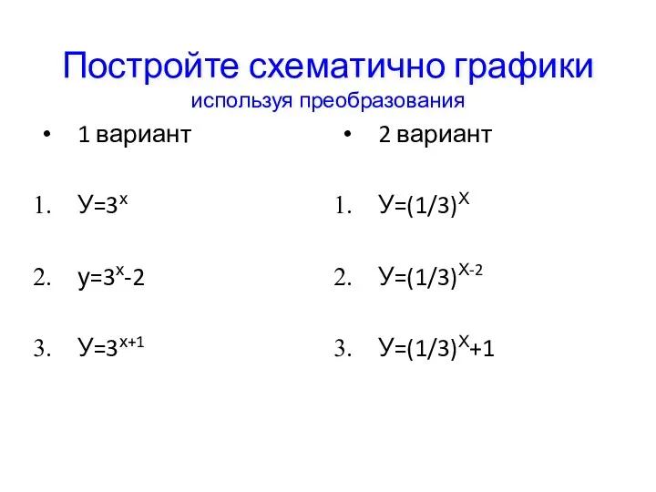 Постройте схематично графики используя преобразования 1 вариант У=3х у=3х-2 У=3х+1 2 вариант У=(1/3)Х У=(1/3)Х-2 У=(1/3)Х+1