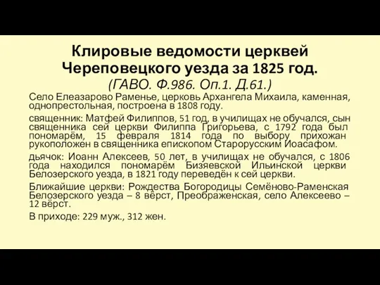 Клировые ведомости церквей Череповецкого уезда за 1825 год. (ГАВО. Ф.986.