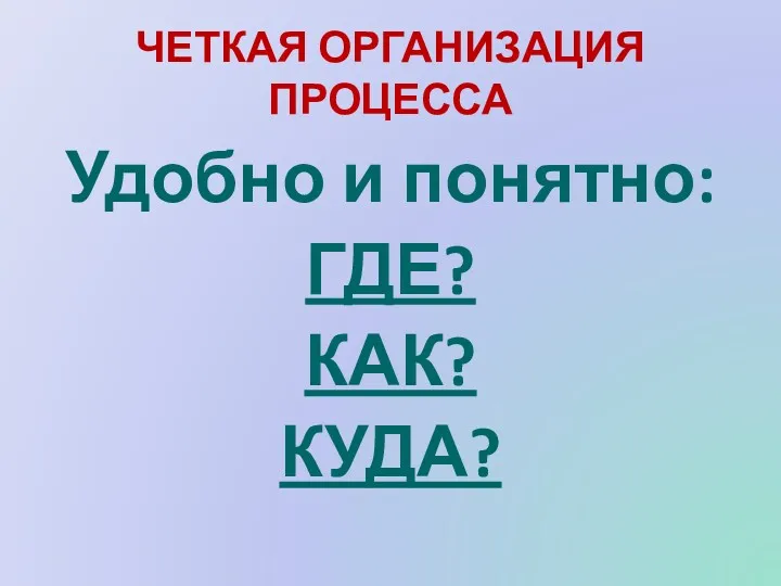 ЧЕТКАЯ ОРГАНИЗАЦИЯ ПРОЦЕССА Удобно и понятно: ГДЕ? КАК? КУДА?