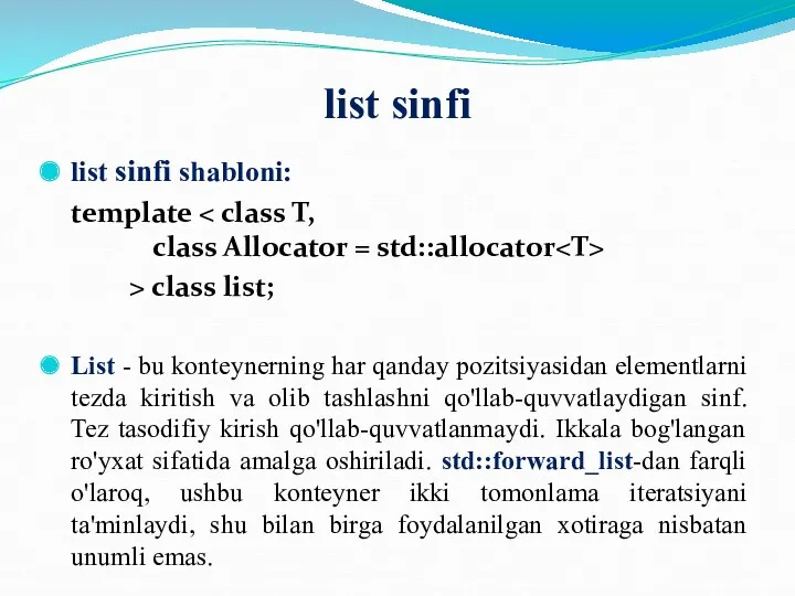 list sinfi list sinfi shabloni: template > class list; List