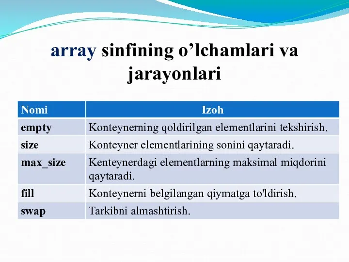 array sinfining o’lchamlari va jarayonlari