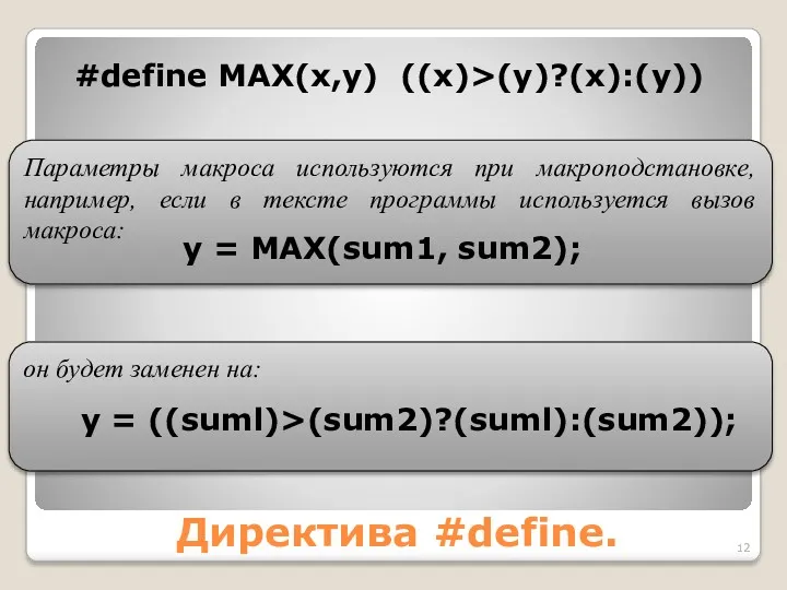 Директива #define. #define MAX(x,y) ((x)>(y)?(x):(y)) Параметры макроса используются при макроподстановке, например, если в