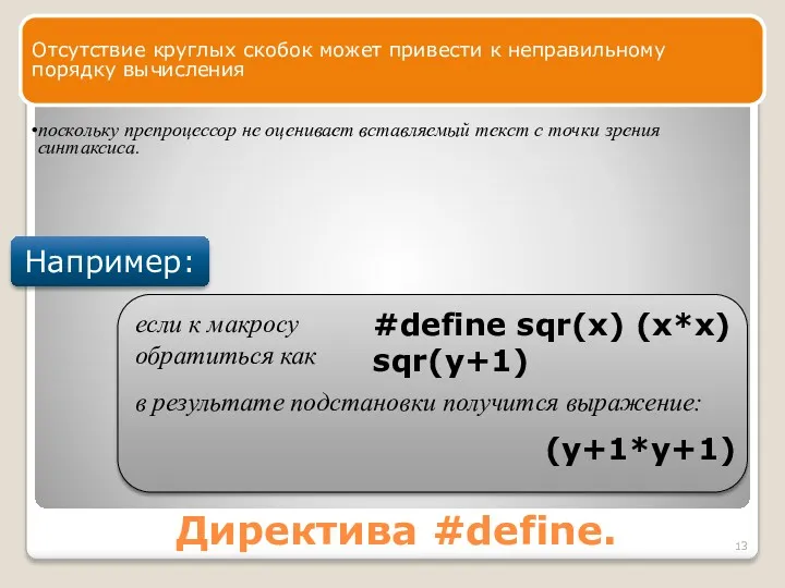 Директива #define. Отсутствие круглых скобок может привести к неправильному порядку вычисления поскольку препроцессор