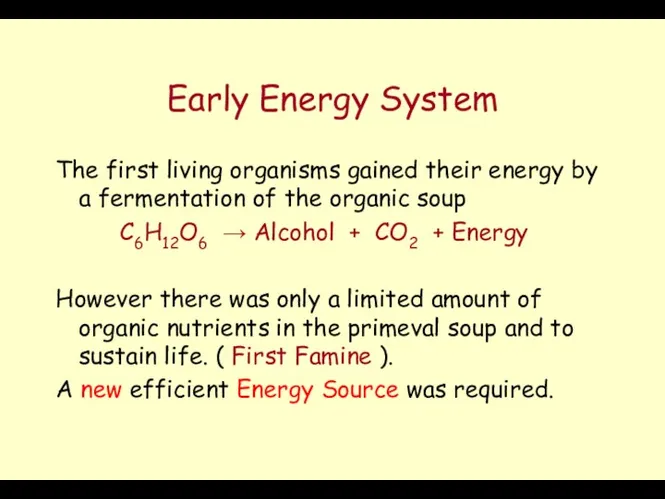 Early Energy System The first living organisms gained their energy
