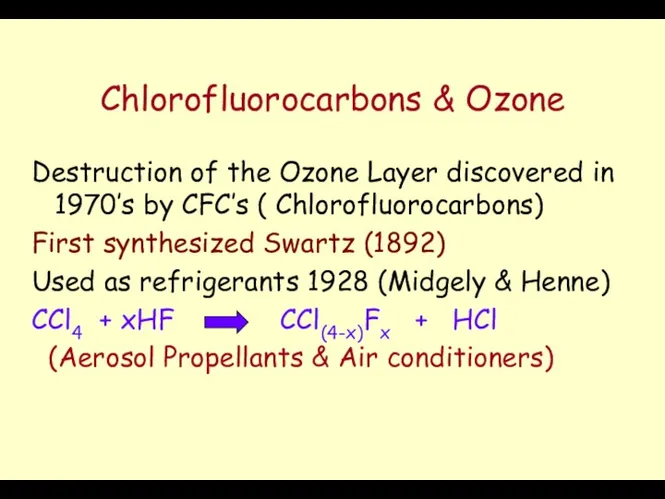 Chlorofluorocarbons & Ozone Destruction of the Ozone Layer discovered in