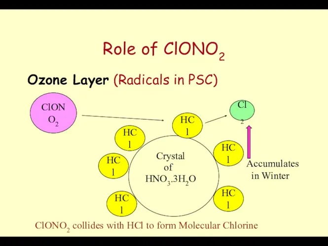 Role of ClONO2 Ozone Layer (Radicals in PSC) Crystal HNO3.3H2O