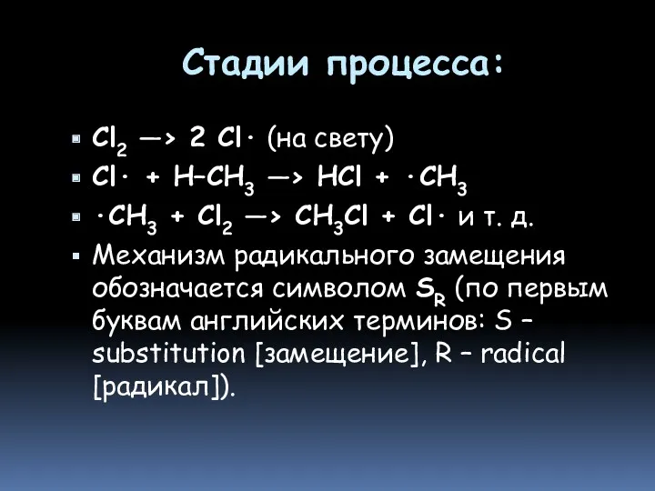 Стадии процесса: Cl2 —> 2 Cl· (на свету) Cl· +