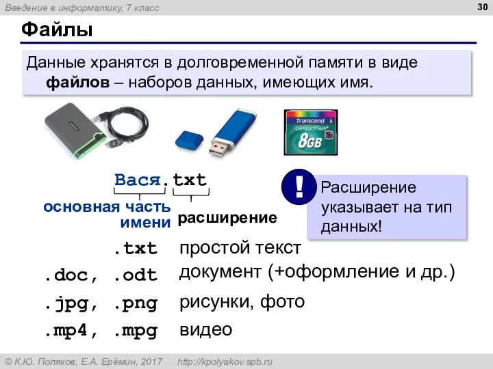 Файлы Данные хранятся в долговременной памяти в виде файлов –