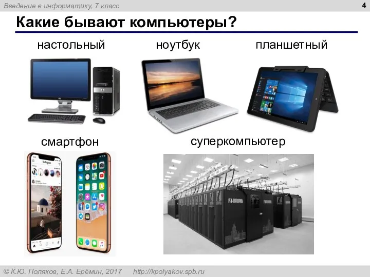 Какие бывают компьютеры? настольный ноутбук планшетный смартфон суперкомпьютер
