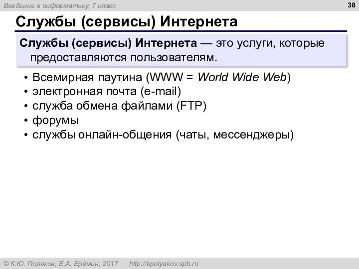 Службы (сервисы) Интернета Службы (сервисы) Интернета — это услуги, которые