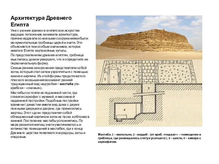 Архитектура Древнего Египта Уже с ранних времен в египетском искусстве