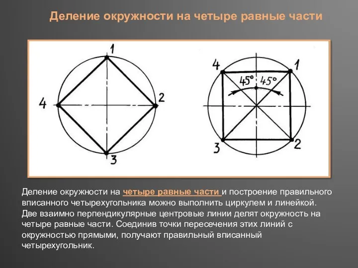 Деление окружности на четыре равные части и построение пра­вильного вписанного