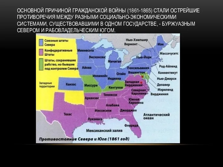 ОСНОВНОЙ ПРИЧИНОЙ ГРАЖДАНСКОЙ ВОЙНЫ (1861-1865) СТАЛИ ОСТРЕЙШИЕ ПРОТИВОРЕЧИЯ МЕЖДУ РАЗНЫМИ СОЦИАЛЬНО-ЭКОНОМИЧЕСКИМИ СИСТЕМАМИ, СУЩЕСТВОВАВШИМИ