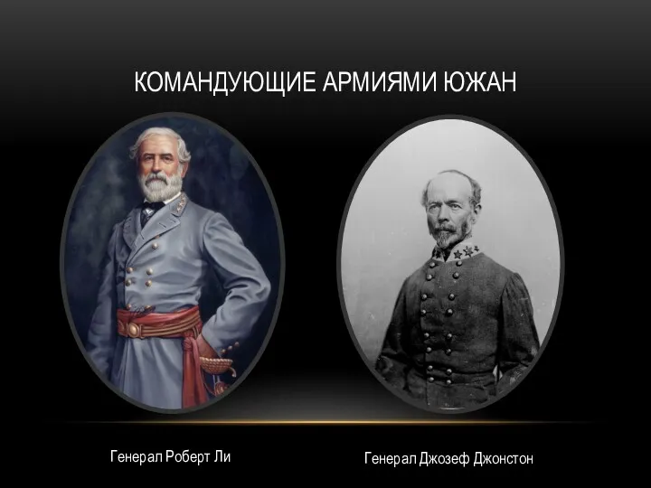 КОМАНДУЮЩИЕ АРМИЯМИ ЮЖАН Генерал Роберт Ли Генерал Джозеф Джонстон