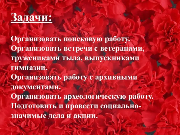 Задачи: Организовать поисковую работу. Организовать встречи с ветеранами, тружениками тыла, выпускниками гимназии. Организовать