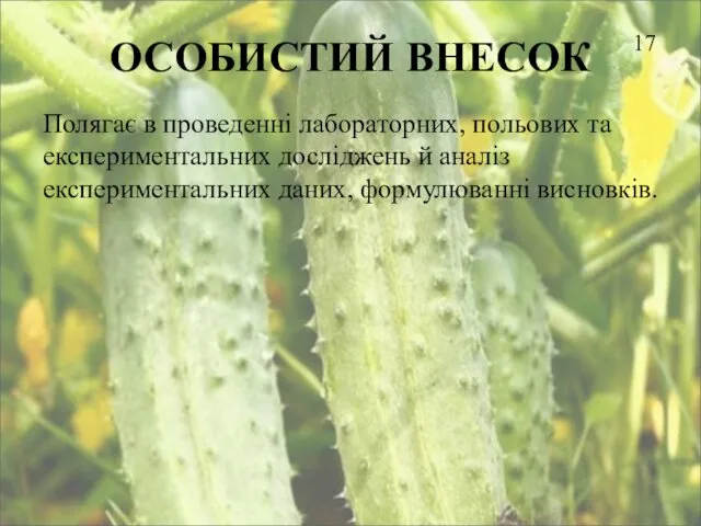 ОСОБИСТИЙ ВНЕСОК 17 Полягає в проведенні лабораторних, польових та експериментальних