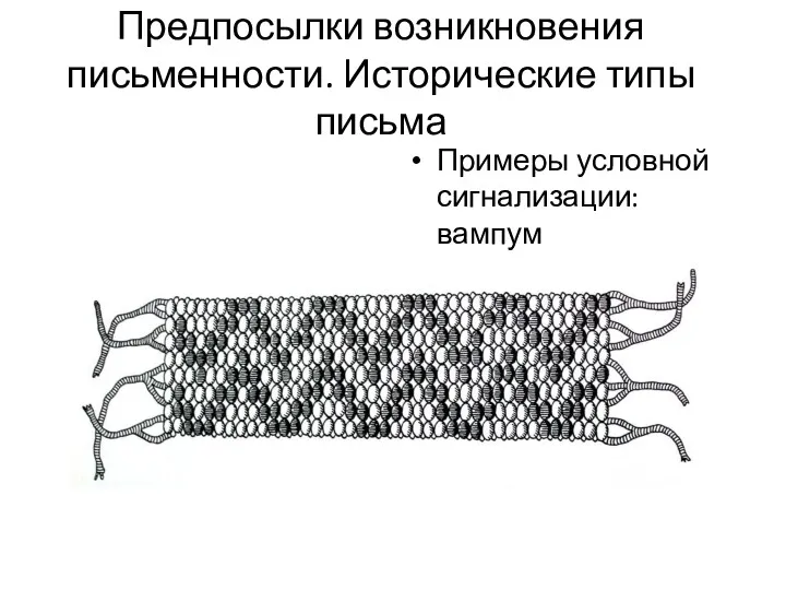 Предпосылки возникновения письменности. Исторические типы письма Примеры условной сигнализации: вампум