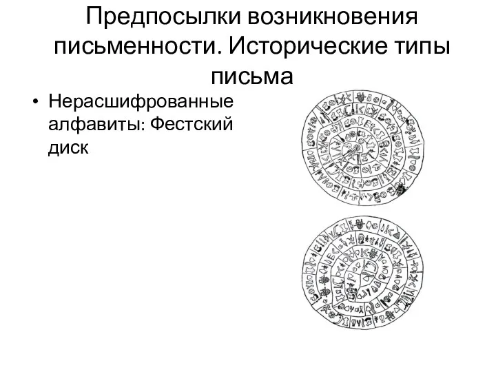 Предпосылки возникновения письменности. Исторические типы письма Нерасшифрованные алфавиты: Фестский диск