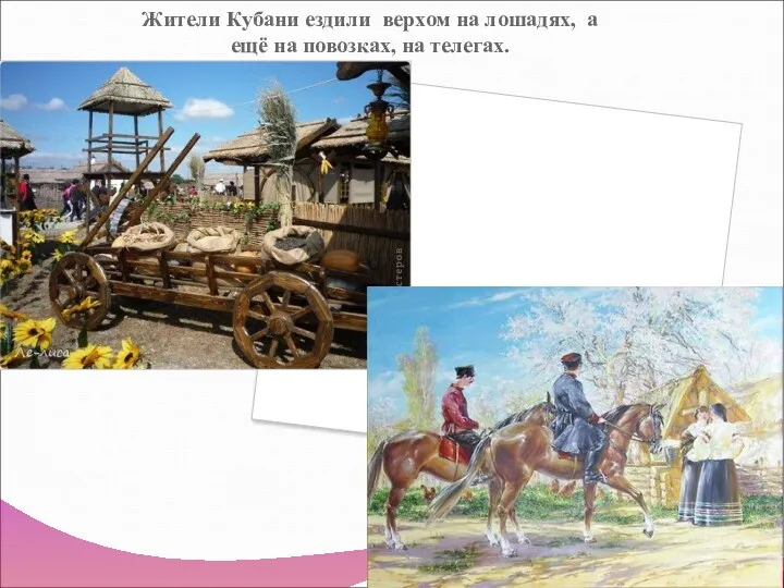 Жители Кубани ездили верхом на лошадях, а ещё на повозках, на телегах.
