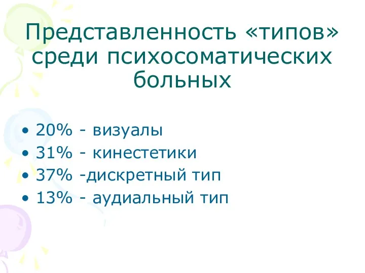 Представленность «типов» среди психосоматических больных 20% - визуалы 31% -