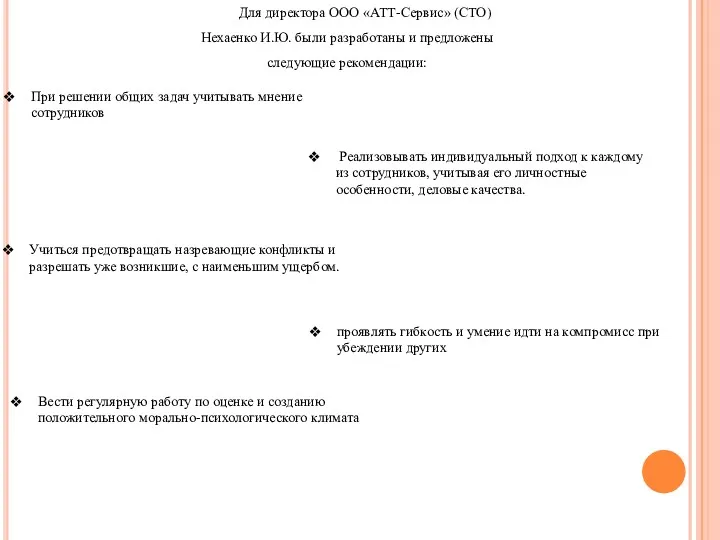 Для директора ООО «АТТ-Сервис» (СТО) Нехаенко И.Ю. были разработаны и предложены следующие рекомендации: