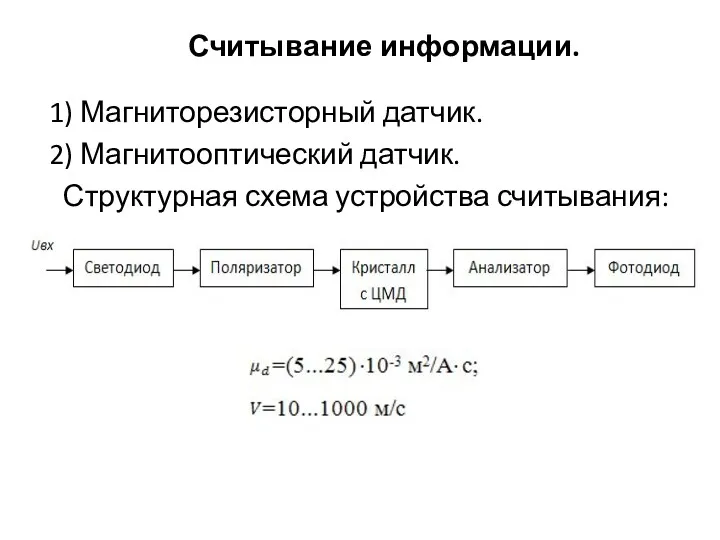 Считывание информации. 1) Магниторезисторный датчик. 2) Магнитооптический датчик. Структурная схема устройства считывания: