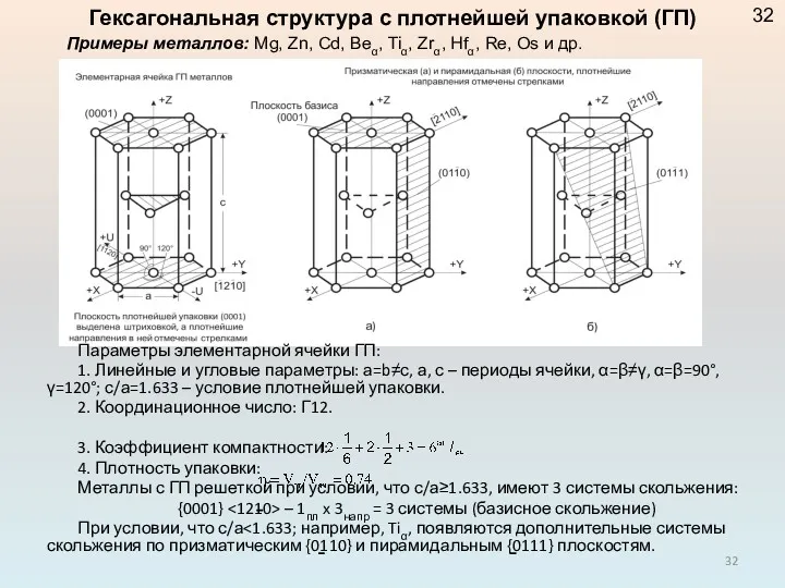 Параметры элементарной ячейки ГП: 1. Линейные и угловые параметры: а=b≠с,