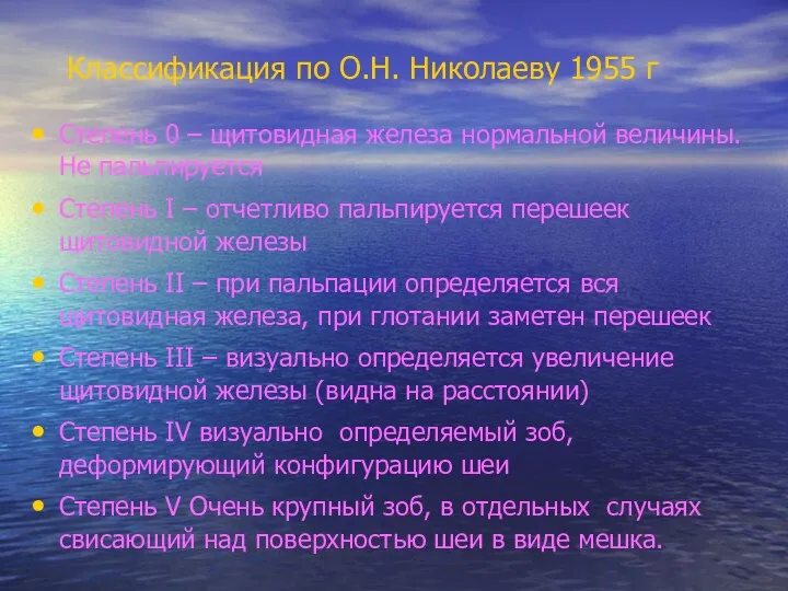 Классификация по О.Н. Николаеву 1955 г Степень 0 – щитовидная железа нормальной величины.