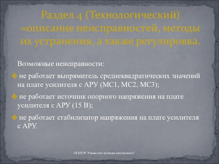 ОГБПОУ "Рязанский колледж электроники" Раздел 4 (Технологический) «описание неисправностей, методы