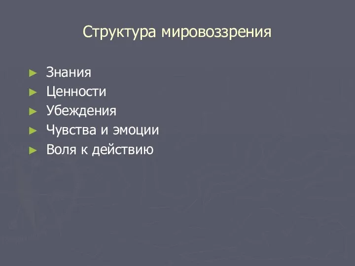 Структура мировоззрения Знания Ценности Убеждения Чувства и эмоции Воля к действию