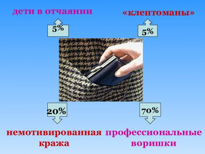 немотивированная кража 20% 70% профессиональные воришки 5% 5% дети в отчаянии «клептоманы»