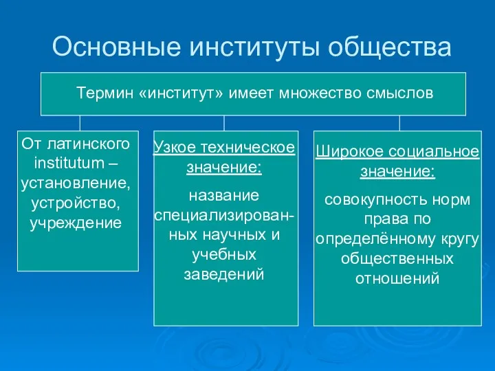 Основные институты общества Термин «институт» имеет множество смыслов От латинского