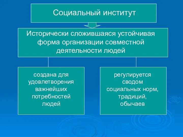 Социальный институт Исторически сложившаяся устойчивая форма организации совместной деятельности людей